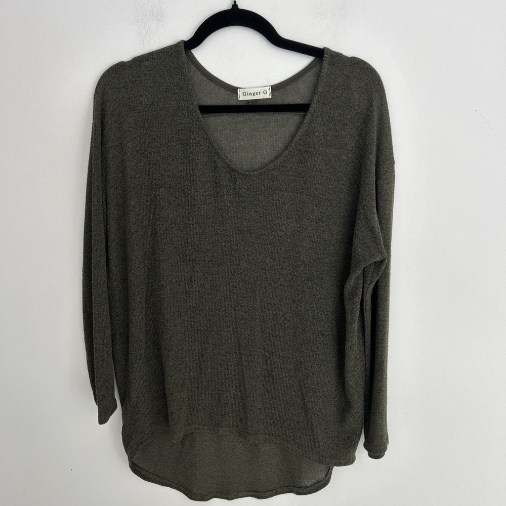 Ginger G Women L Olive Green Long Sleeve Lightweight Knit High Low Hem Loose Fit